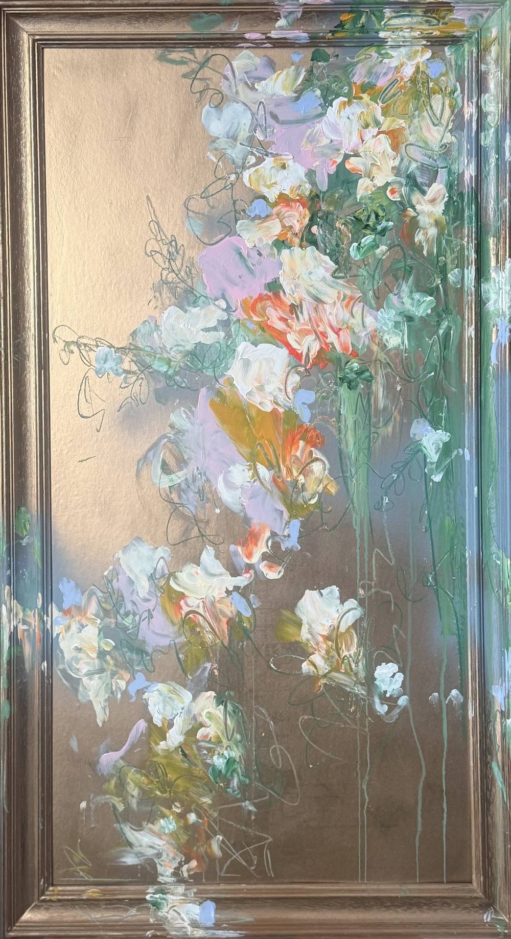 Gemälde „01 | 2026“ von Juliane Golbs in Braun, Apricot und Weiß – Acryl und Stoffe auf Holzplatte über Rahmen