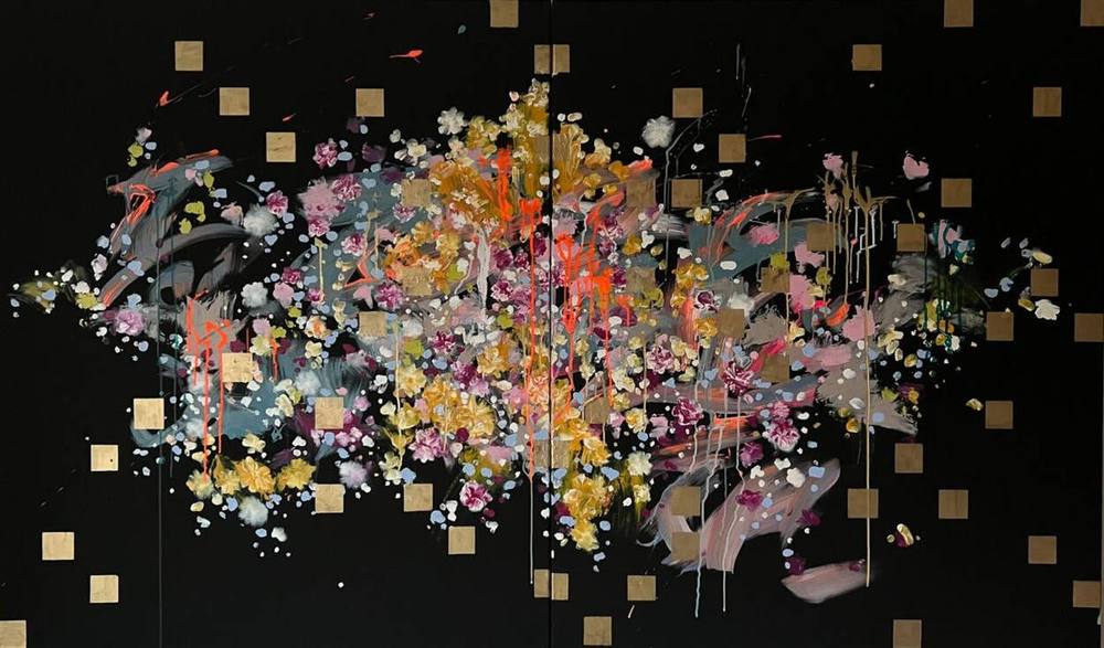 Gemälde „02 | 2023“ von Juliane Golbs in Schwarz, Braun und Gold – Acryl, Acryllacke, Goldlack auf schwarzer Leinwand