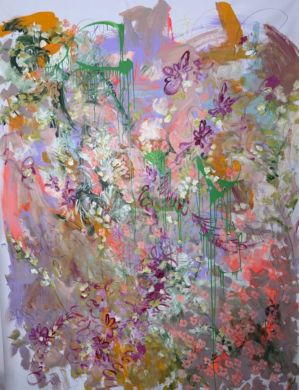 Gemälde „03 | 2025“ von Juliane Golbs in Rosa, Orange und Grün – Mixed Media auf Leinwand