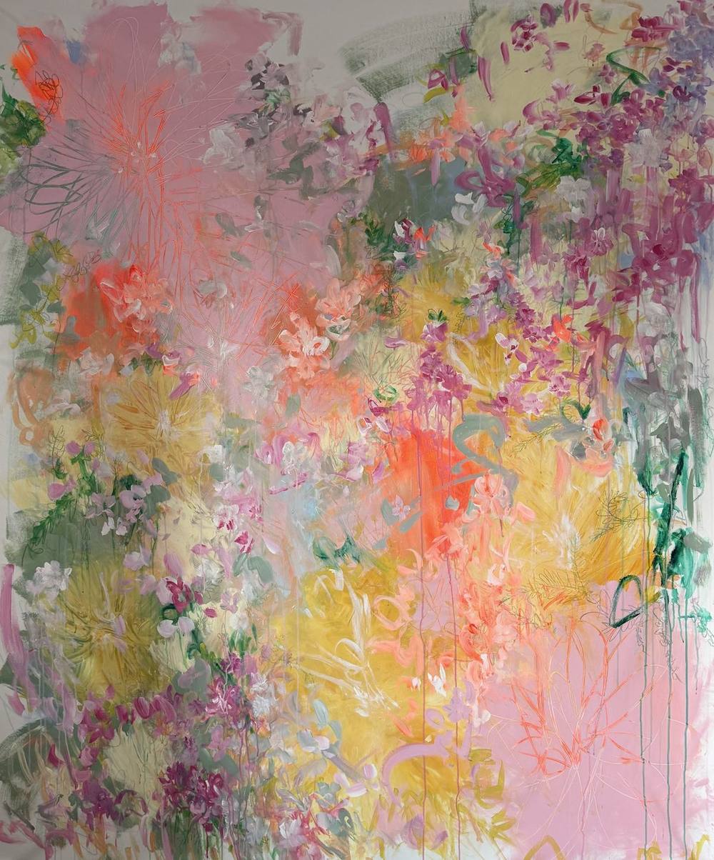 Gemälde „03 | 2026“ von Juliane Golbs in Rosa, Orange und Gold – Acryl, Stifte auf Leinwand