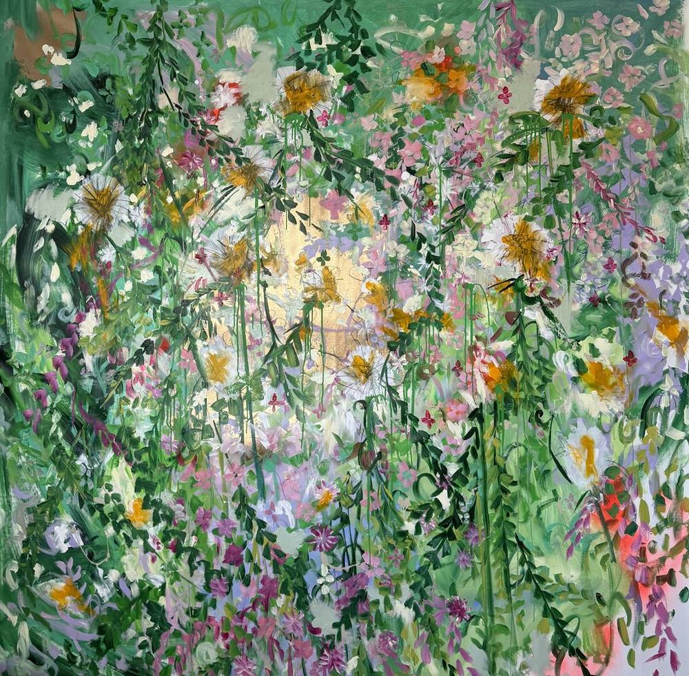 Gemälde „04 | 2025“ von Juliane Golbs in Grün, Gold und Weiß – Acryl, Acryllacke, Goldlack auf Leinwand