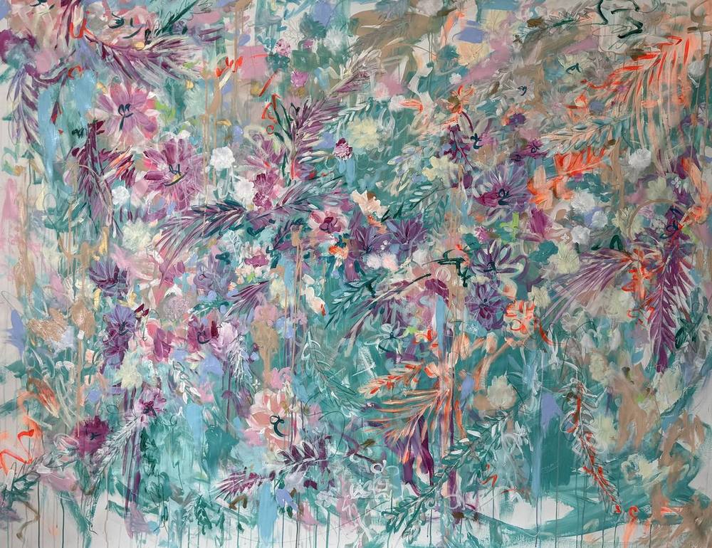 Gemälde „05 | 2026“ von Juliane Golbs in Türkis, Rosa und Rot – Acryl, Stifte auf Leinwand