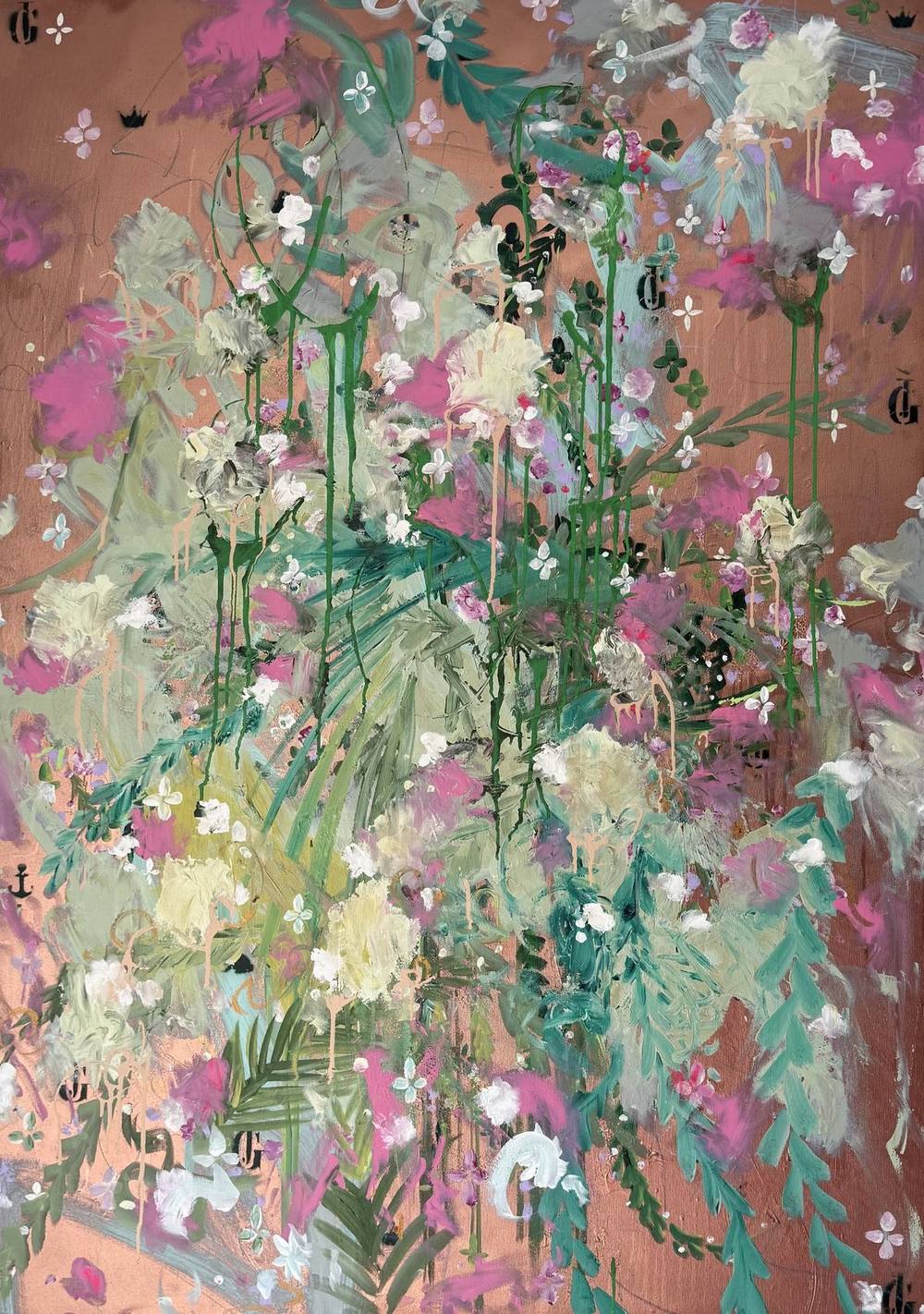 Gemälde „06 | 2025“ von Juliane Golbs in Grün, Gold und Rosa – Bronzelack und Acryl auf Leinwand