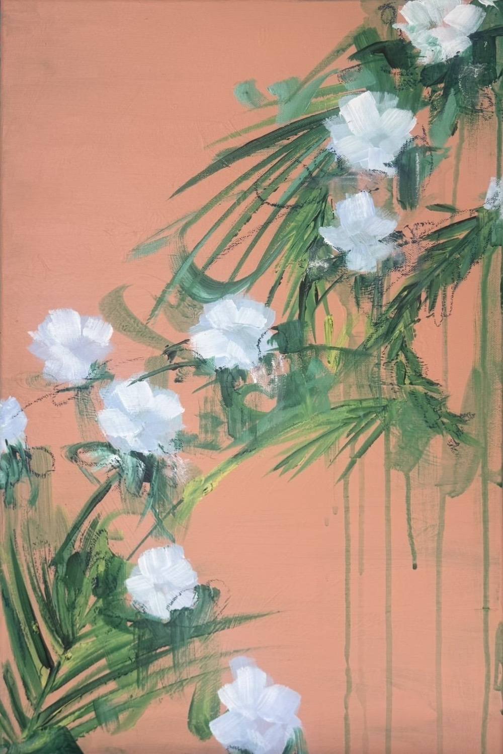 Gemälde „06 | 2026“ von Juliane Golbs in Apricot, Grün und Weiß – Acryl, Kreide auf Leinwand