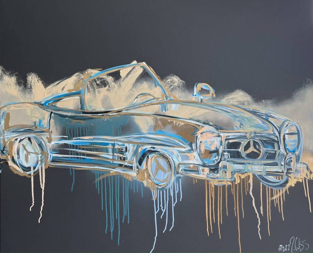 Gemälde „07 | 2022“ von Juliane Golbs in Blau, Gold und Apricot – Acryl, Goldlack auf schwarzer Leinwand