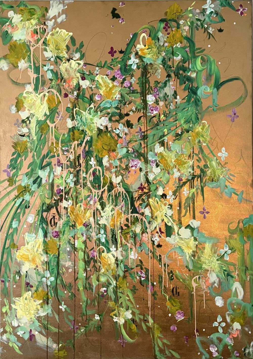 Gemälde „07 | 2025“ von Juliane Golbs in Gold, Grün und Braun – Acryl, Goldlack auf Leinwand