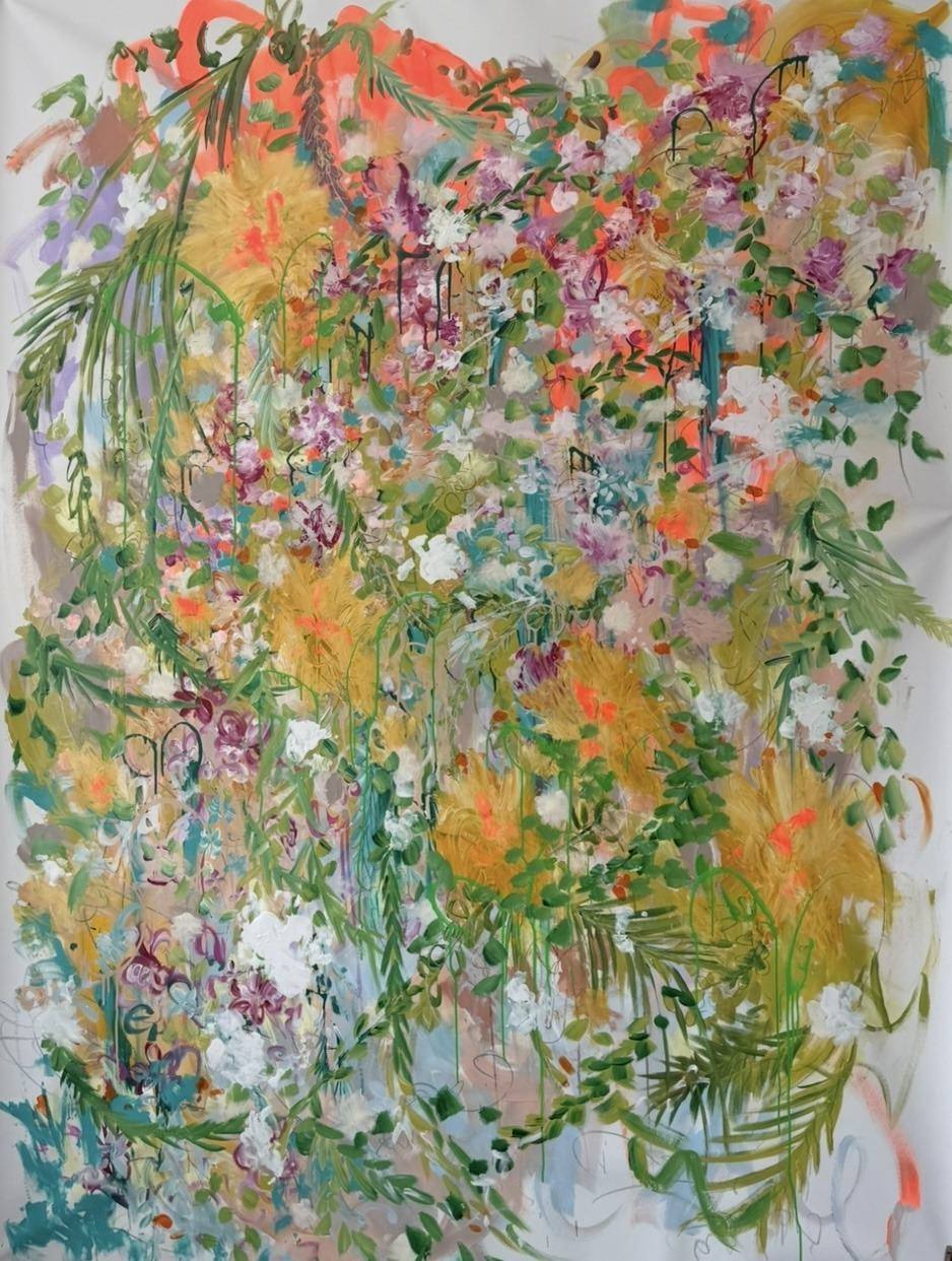 Gemälde „08 | 2025“ von Juliane Golbs in Gold, Grün und Orange – Acryl, Stifte auf Leinwand