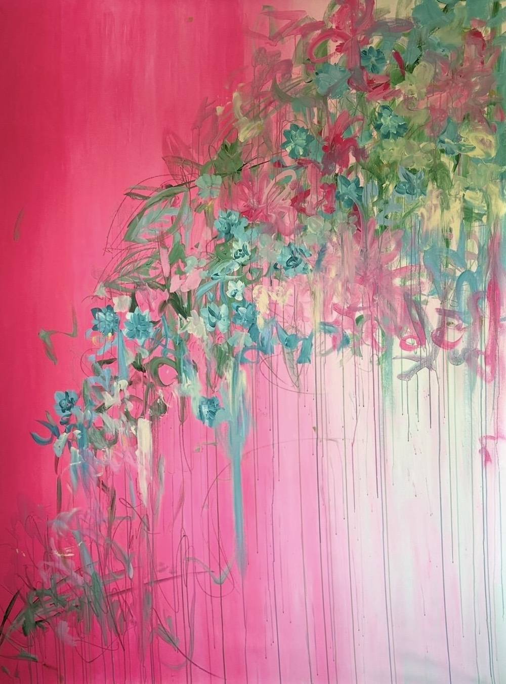 Gemälde „09 | 2026“ von Juliane Golbs in Rosa, Grün und Pink – Acryl, Buntstifte auf Leinwand