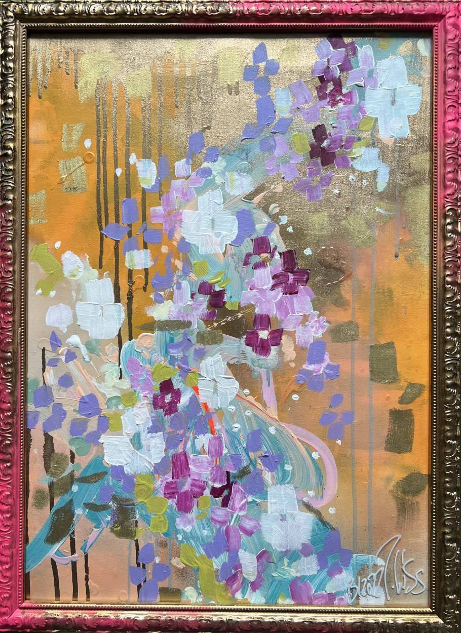 Gemälde „13 | 2022“ von Juliane Golbs in Gold, Blau und Orange – Acryl, Acryllacke, Goldlack auf Leinwand hinter und über goldenen Glasrahmen