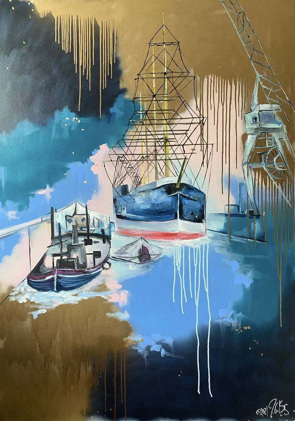 Gemälde „15 | 2021“ von Juliane Golbs in Blau, Gold und Weiß – Acryl und Mischtechnik auf Leinwand