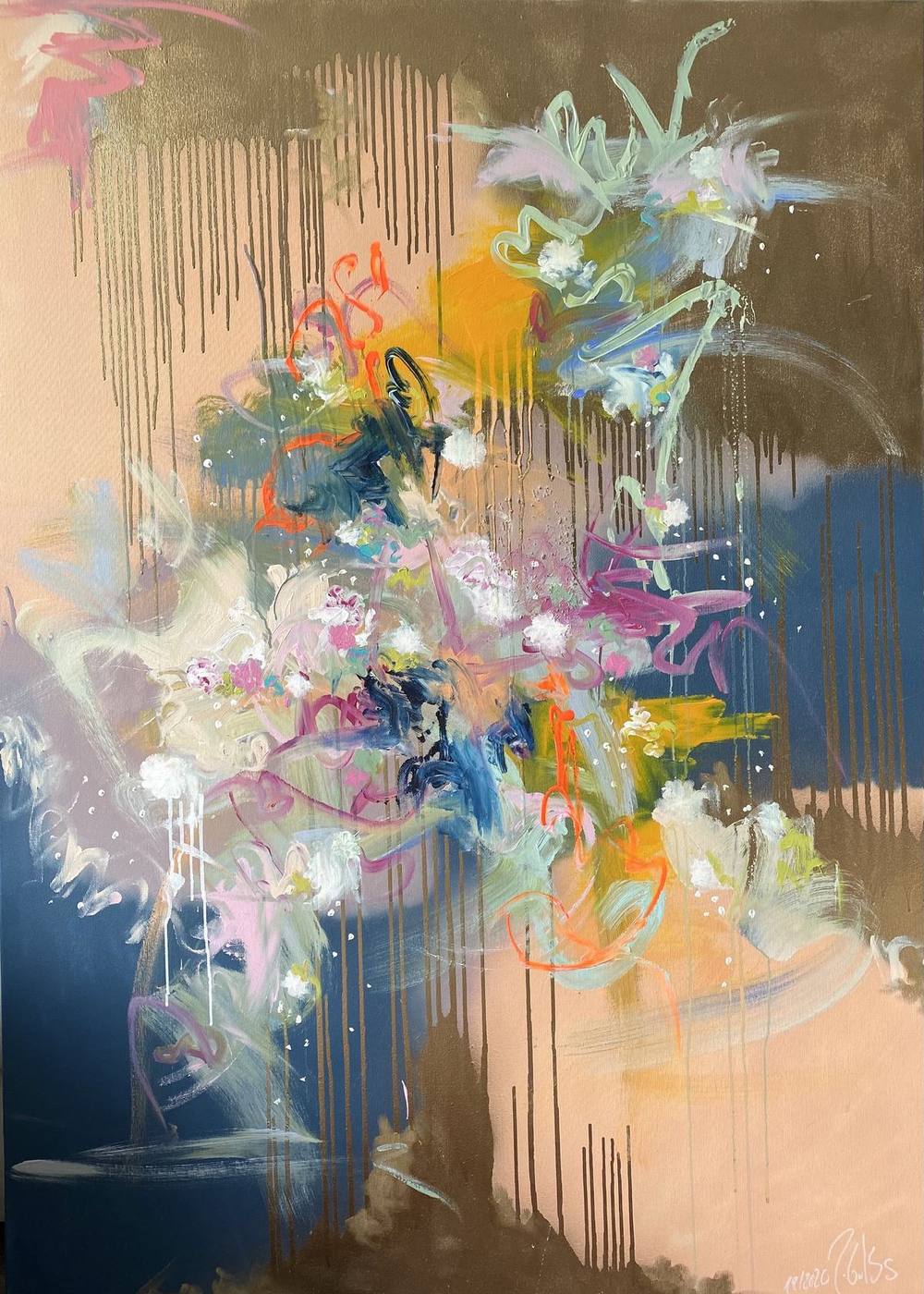 Gemälde „19 | 2020“ von Juliane Golbs in Gold, Apricot und Blau – Acryl, Goldlack auf Leinwand