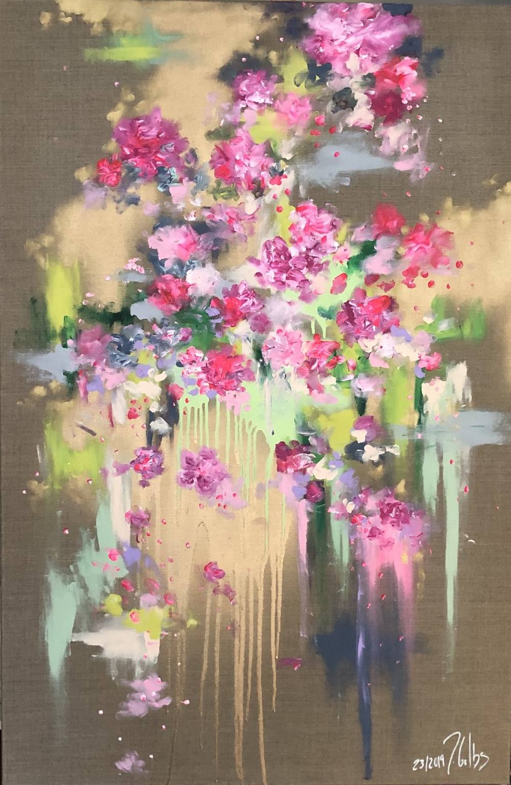 Gemälde „23 | 2019“ von Juliane Golbs in Gold, Braun und Orange – Acryl, Goldlack auf Leinen-Leinwand