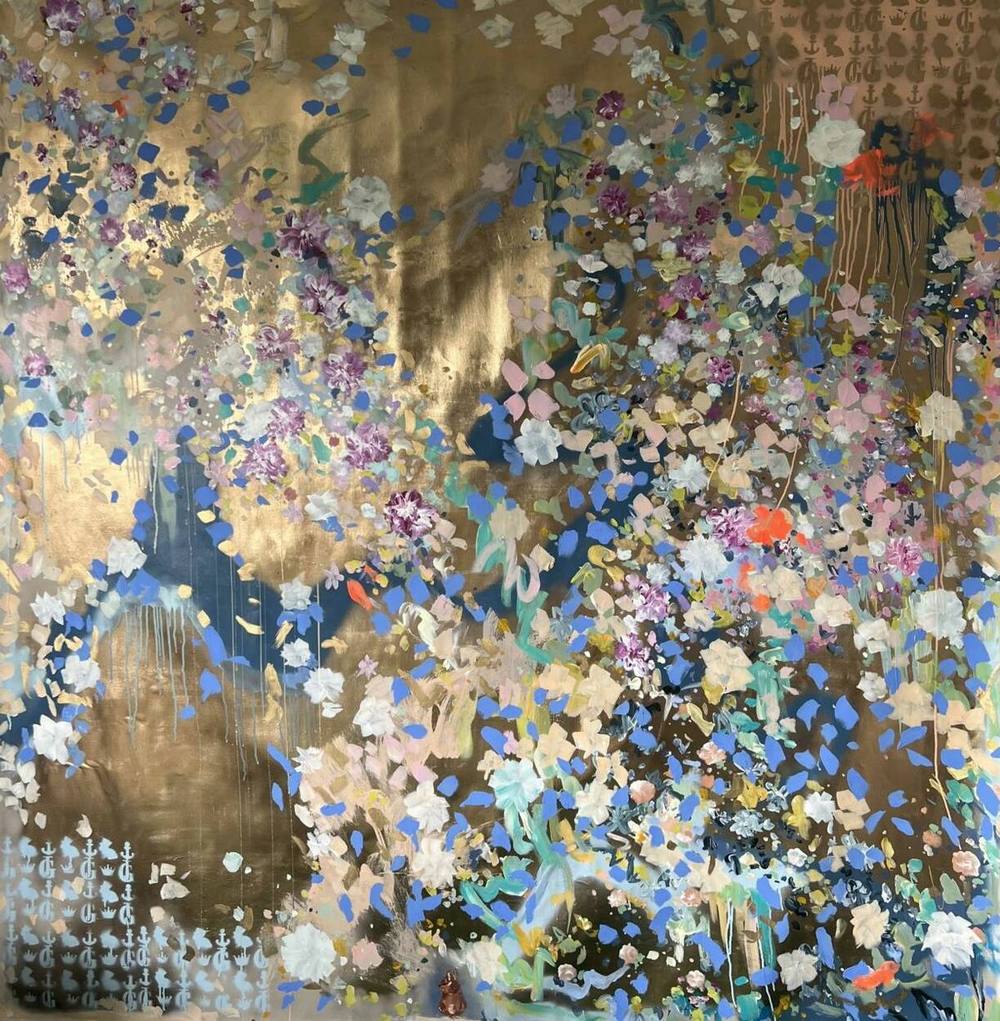 Gemälde „23 | 2022“ von Juliane Golbs in Gold, Blau und Braun – Acryl, Goldlack auf Leinwand