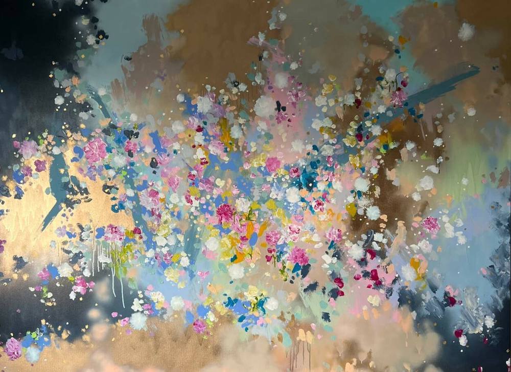 Gemälde „24 | 2022“ von Juliane Golbs in Blau, Gold und Braun – Acryl, Acryllacke, Goldlack auf Leinwand