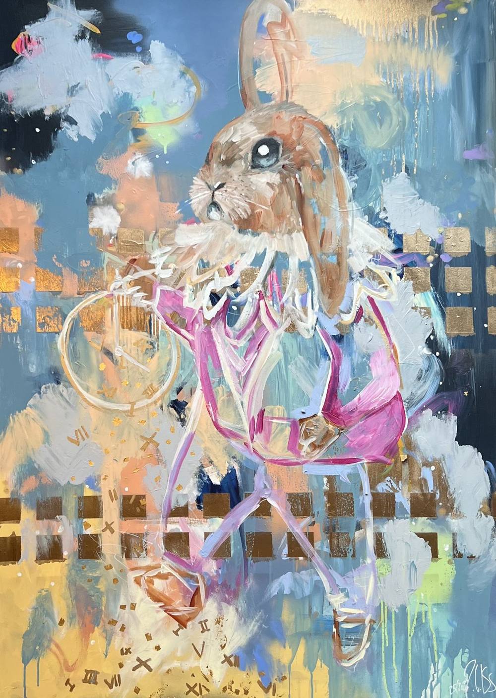 Gemälde „25 | 2022“ von Juliane Golbs in Blau, Gold und Orange – Acryl, Goldlack auf Leinwand