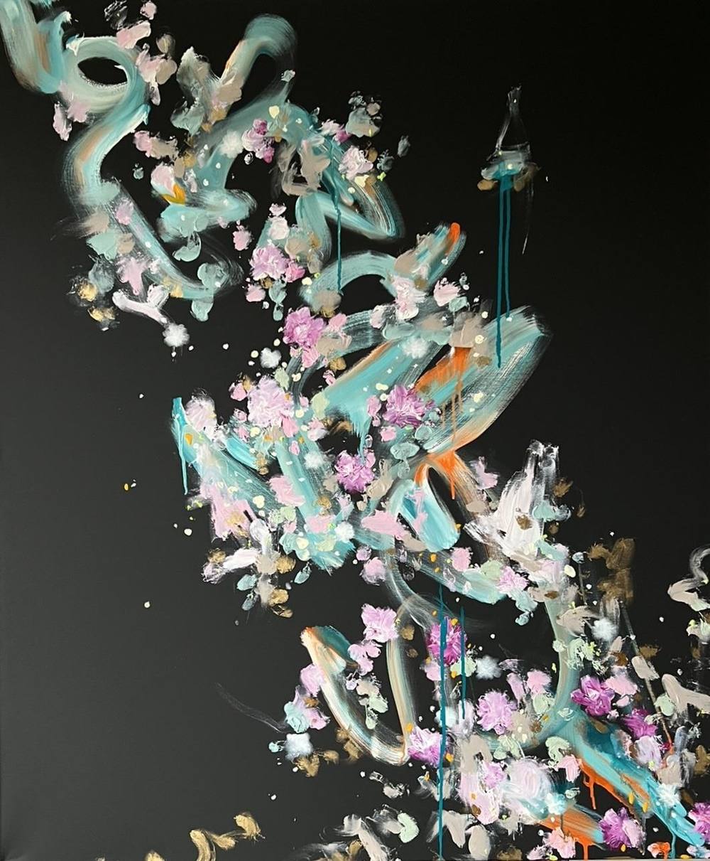Gemälde „27 | 2022“ von Juliane Golbs in Schwarz, Weiß und Türkis – Acryl auf Leinwand
