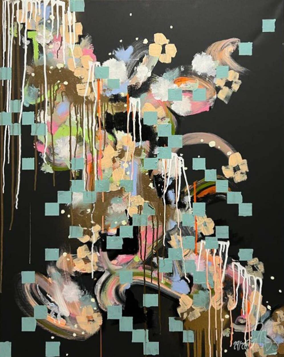 Gemälde „29 | 2022“ von Juliane Golbs in Gold, Schwarz und Türkis – Acryl, Goldlack auf Leinwand