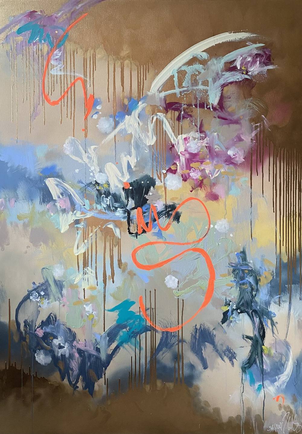 Gemälde „36 | 2021“ von Juliane Golbs in Blau, Braun und Orange – Acryl, Acryllacke auf Leinwand