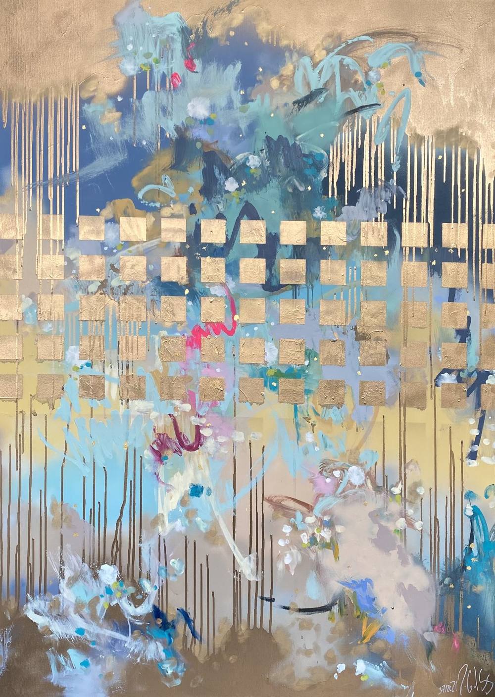 Gemälde „37 | 2021“ von Juliane Golbs in Blau, Gold und Braun – Acryl, Goldlacke und Blattgold auf Leinwand