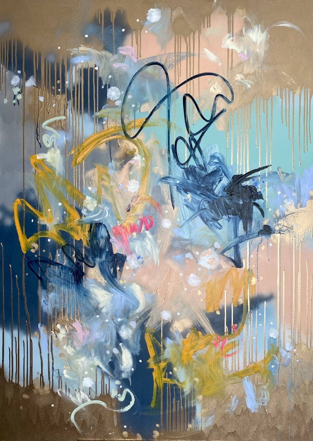 Gemälde „38 | 2021“ von Juliane Golbs in Blau, Gold und Apricot – Acryl, Acryllacke auf Leinwand