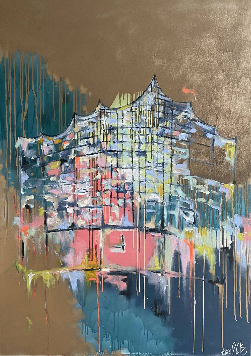 Gemälde „43 | 2021“ von Juliane Golbs in Gold, Blau und Türkis – Acryl, Acryllacke auf Leinwand