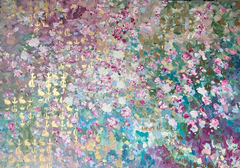 Gemälde „501 | 2024“ von Juliane Golbs in Weiß, Rosa und Gold – Acryl, Goldlack auf Malplatte