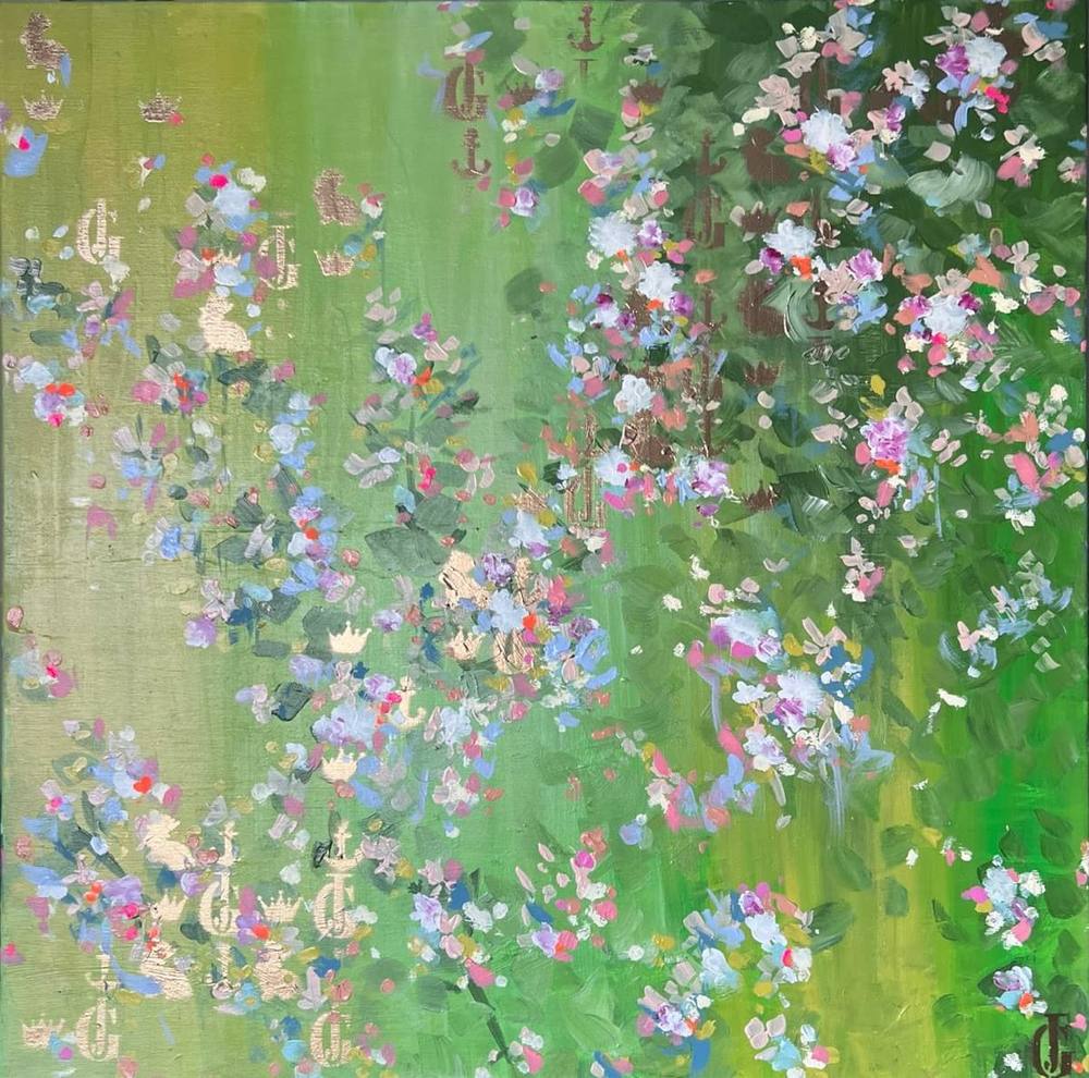Gemälde „503 | 2024“ von Juliane Golbs in Grün, Gold und Gelb – Acryl, Goldlack auf Leinwand