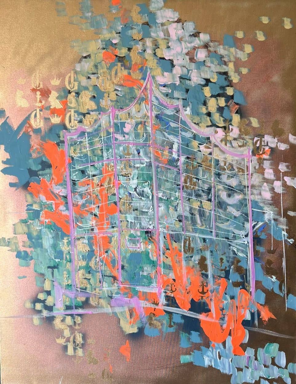 Gemälde „504 | 2024“ von Juliane Golbs in Türkis, Orange und Gold – Acryl, Goldlack auf Leinwand
