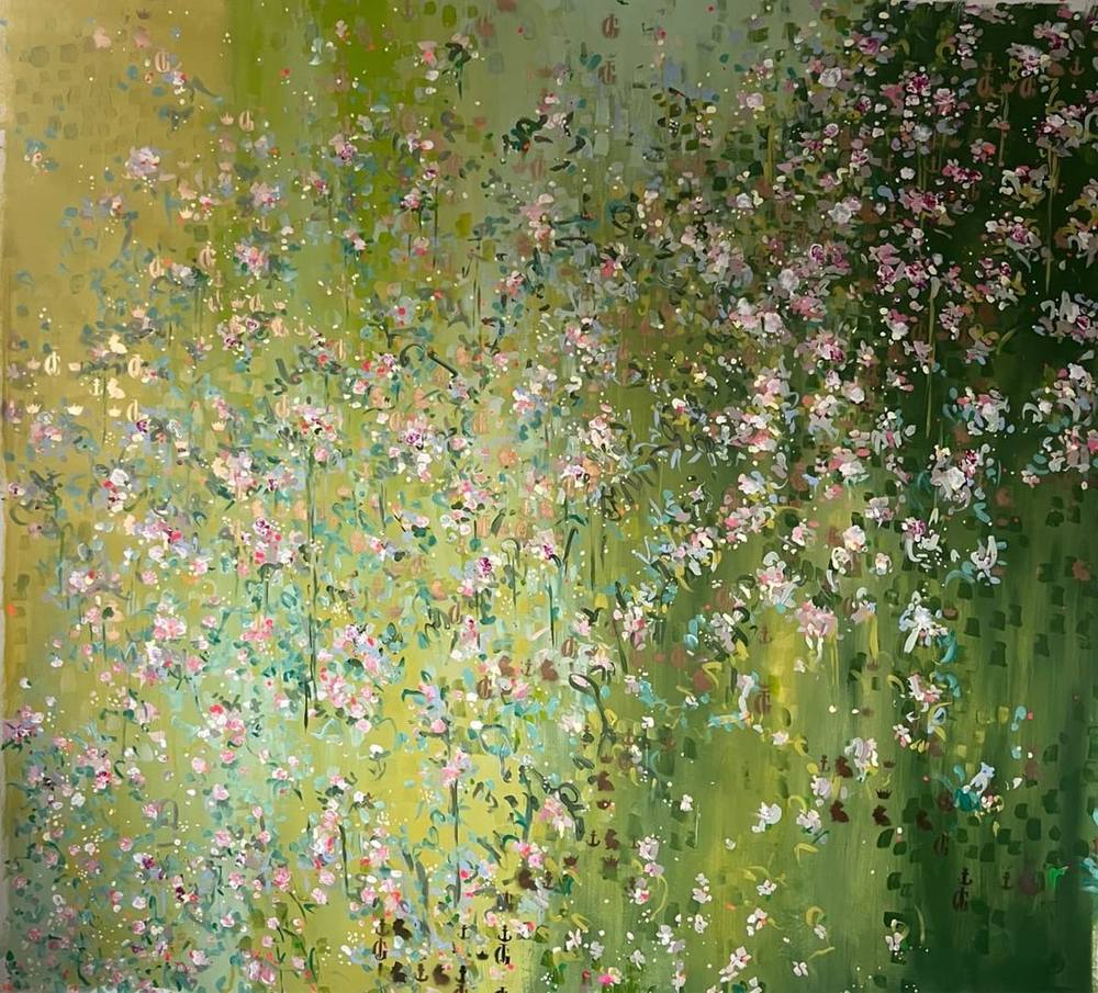 Gemälde „507 | 2024“ von Juliane Golbs in Grün, Gold und Braun – Acryl, Acryllacke, Goldlack auf Leinwand