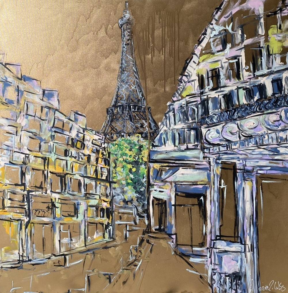 Gemälde „51 | 2019“ von Juliane Golbs in Gold, Weiß und Blau – Acryl und Tusche auf Leinwand