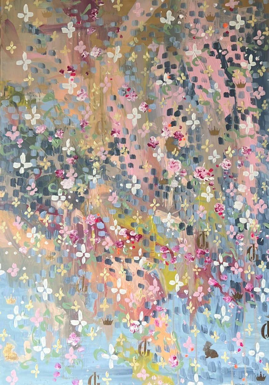Gemälde „517 | 2024“ von Juliane Golbs in Orange, Blau und Apricot – Acryl auf Leinwand