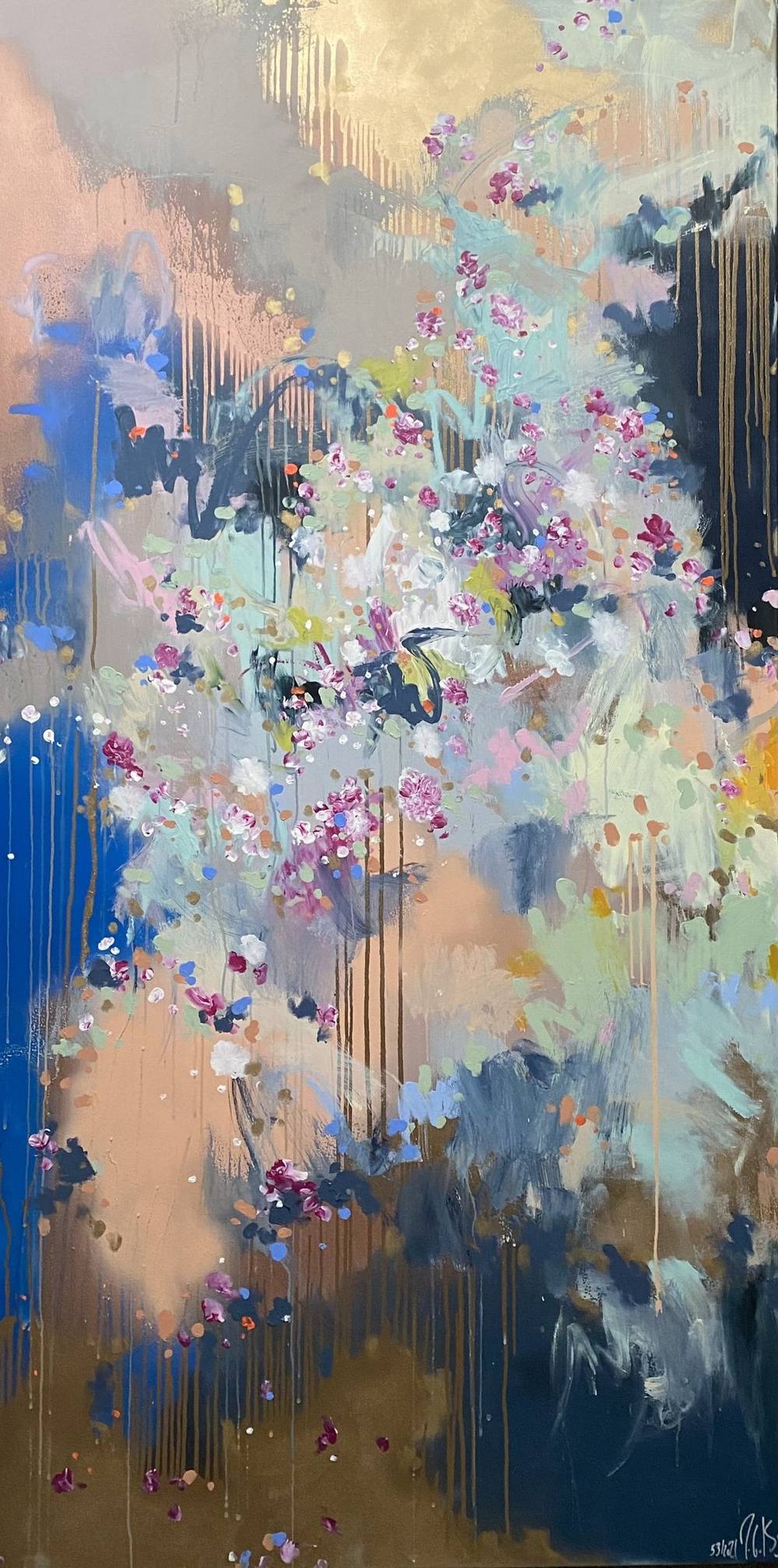 Gemälde „53 | 2021 Triptychon Teil | “ von Juliane Golbs in Blau, Gold und Apricot – Acryl, Blattgold auf Leinwand
