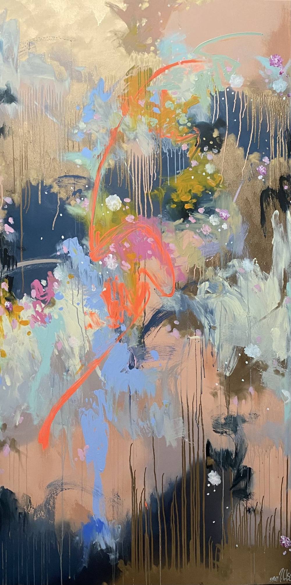 Gemälde „54 | 2021 Triptychon Teil“ von Juliane Golbs in Gold, Orange und Blau – Acryl, Blattgold auf Leinwand