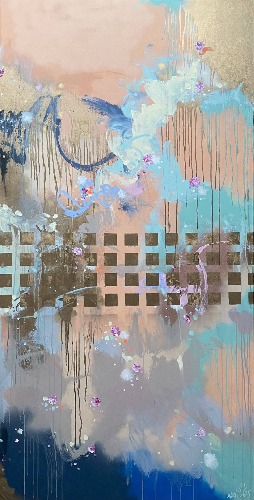Gemälde „55 | 2021 Triptychon Teil“ von Juliane Golbs in Apricot, Gold und Blau – Acryl, Blattgold auf Leinwand