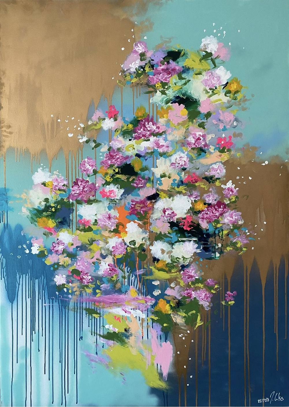 Gemälde „85 | 2018“ von Juliane Golbs in Gold, Türkis und Blau – Acryl und Mischtechnik auf Leinwand