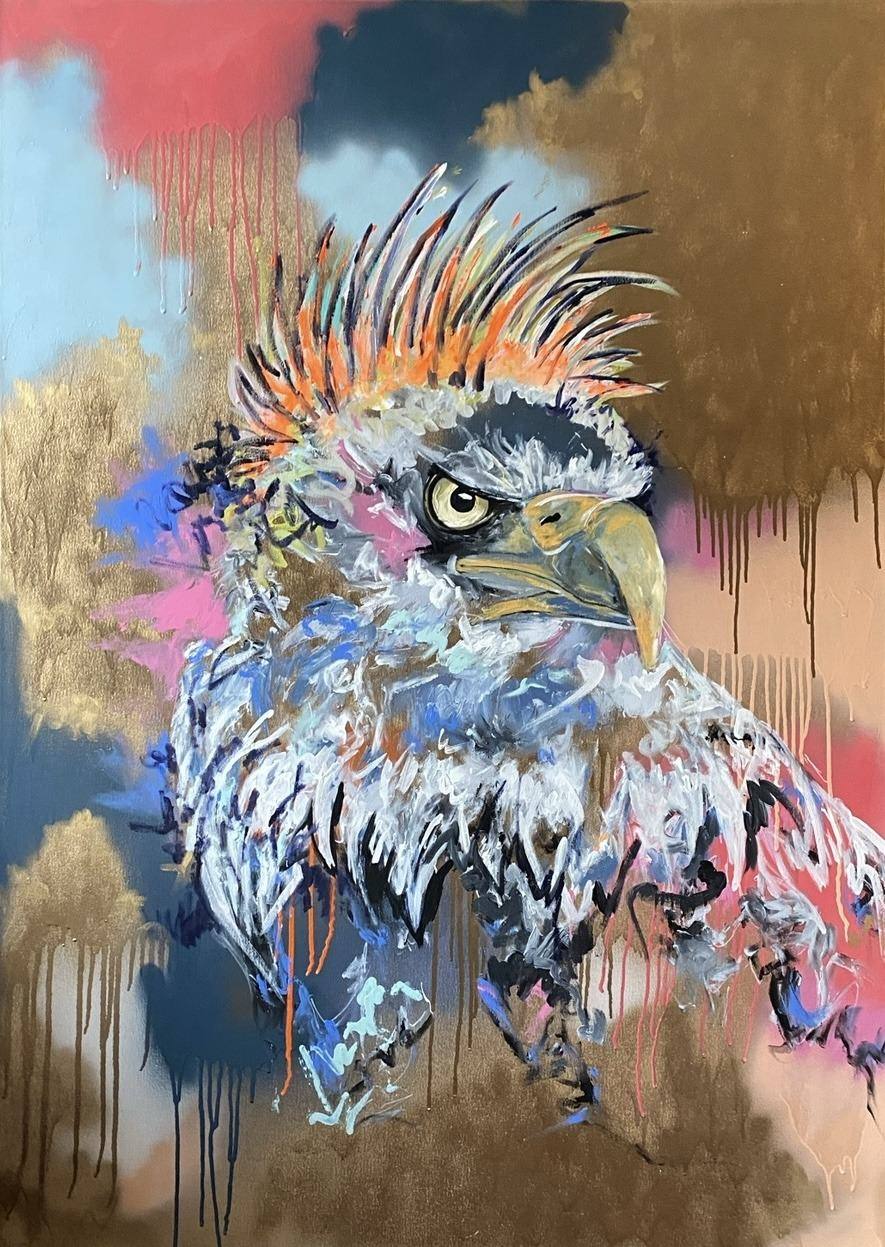 Gemälde „ein Adler“ von Juliane Golbs in Blau, Gold und Orange – Acryl, Acryllacke und Goldlack auf Leinwand