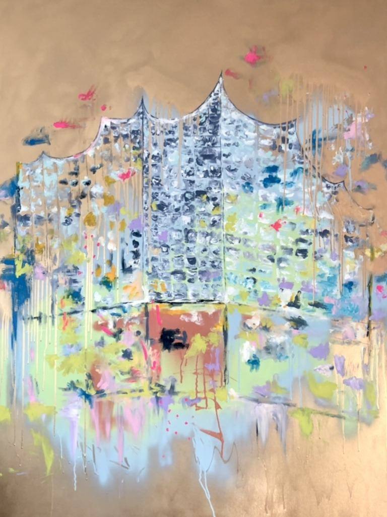 Gemälde „Golden Elbphi“ von Juliane Golbs in Blau, Gold und Weiß – Acryl, Acryllack auf Leinwand