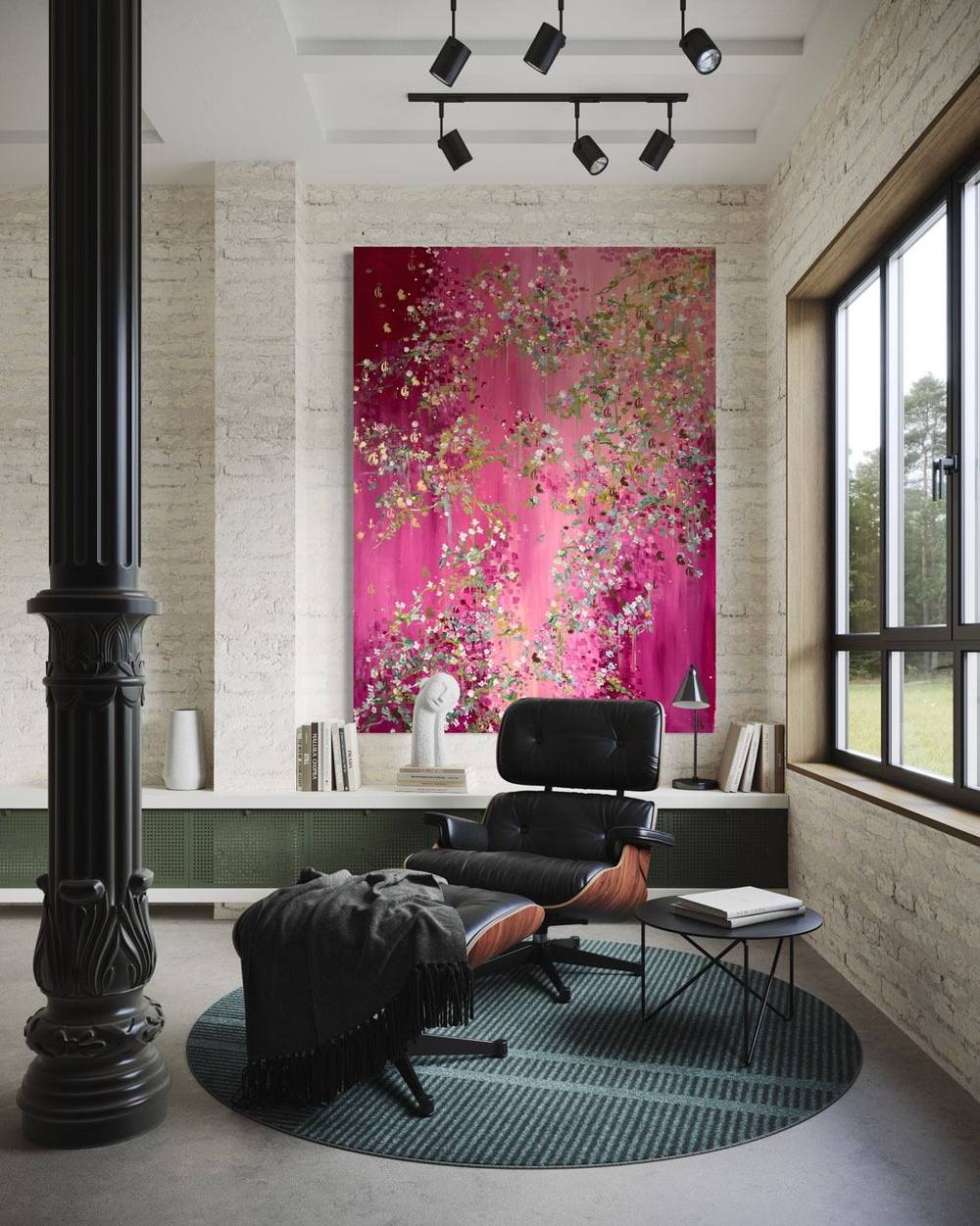 Visualisierung: pinkfarbenes Blütengemälde mit goldenen Akzenten in einem Loft mit Backsteinwand, davor ein schwarzer Lounge-Sessel