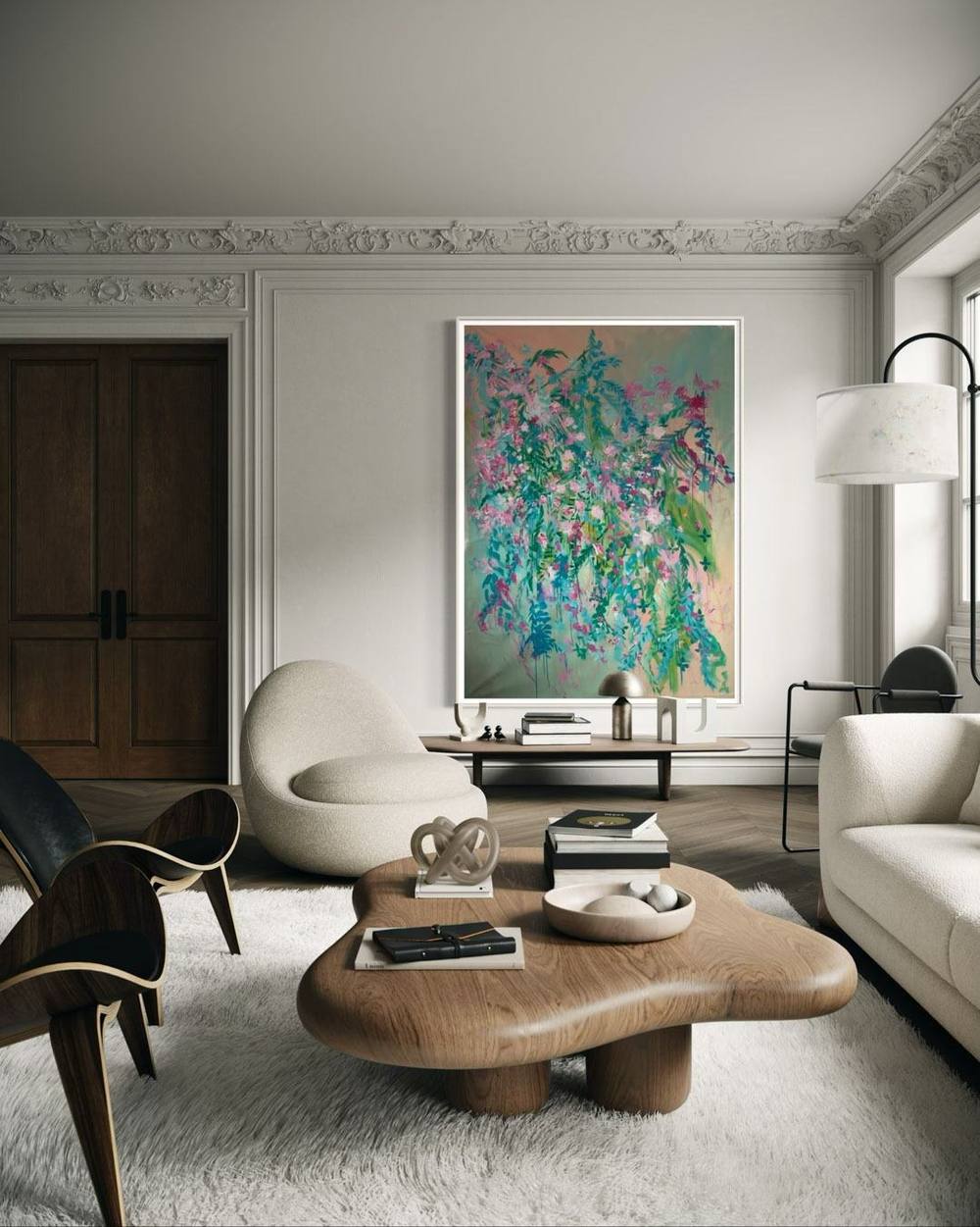 Visualisierung: großformatiges florales Gemälde von Juliane Golbs in Türkis und Rosa in einem hellen Altbau-Wohnzimmer