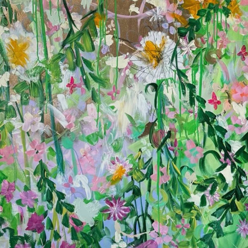 Detail eines floralen Gemäldes von Juliane Golbs in Grün, Rosa und Weiß